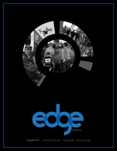 A black magazine cover features the word "edge" in large blue letters and four circular segments with grayscale images: a drone, people gathered, a man holding a pig, and hands. Text at the bottom lists December 2017 and article topics.