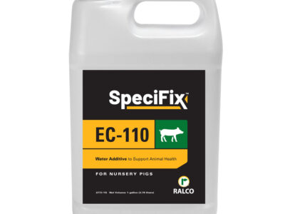 A white plastic gallon jug labeled "SpeciFix EC-110," a water additive to support animal health for nursery pigs, with the Ralco logo at the bottom.