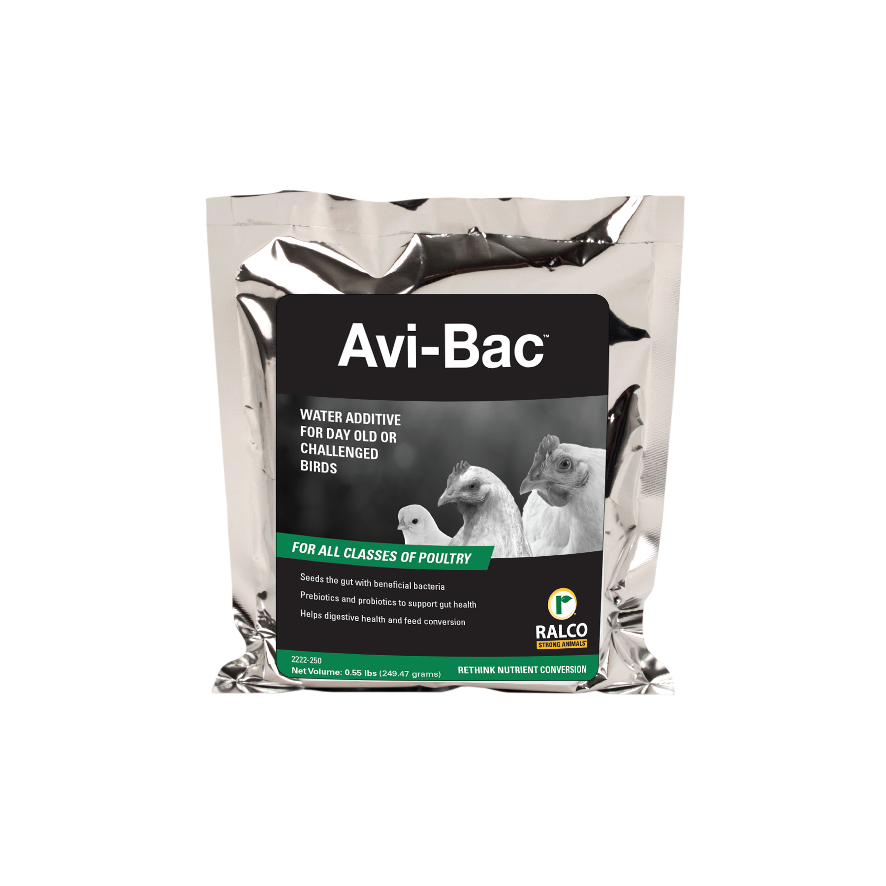 A silver Avi-Bac water additive packet for poultry shows chickens and a duck, highlights benefits for all poultry types, and features the Ralco logo.
