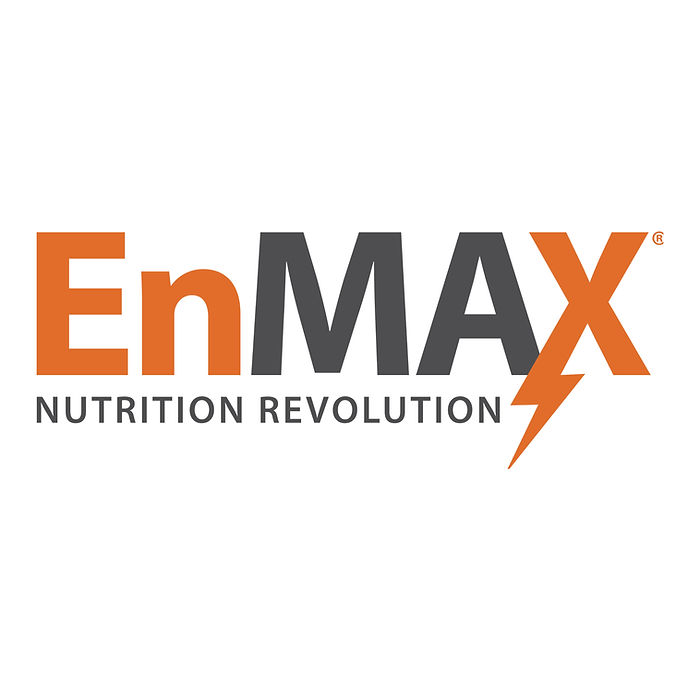 The image displays the EnMax logo with "EnMax" in bold orange and gray letters, a lightning bolt forming part of the "X," and "NUTRITION REVOLUTION" in smaller gray text below.