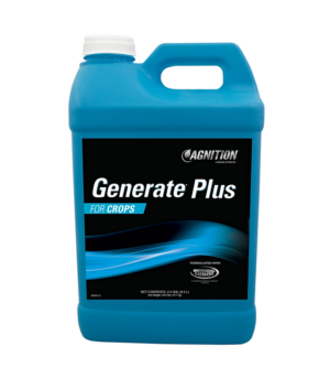 A blue plastic 2.5-gallon (9.5 L) container labeled "Generate Plus" for crops, with a white cap and black label featuring blue wave graphics.