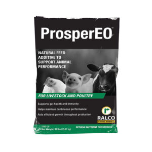 The black and white ProsperEO Dry bag, labeled with images of a pig, chicken, and cow, is a natural feed additive for livestock and poultry by Ralco that supports animal health and performance.