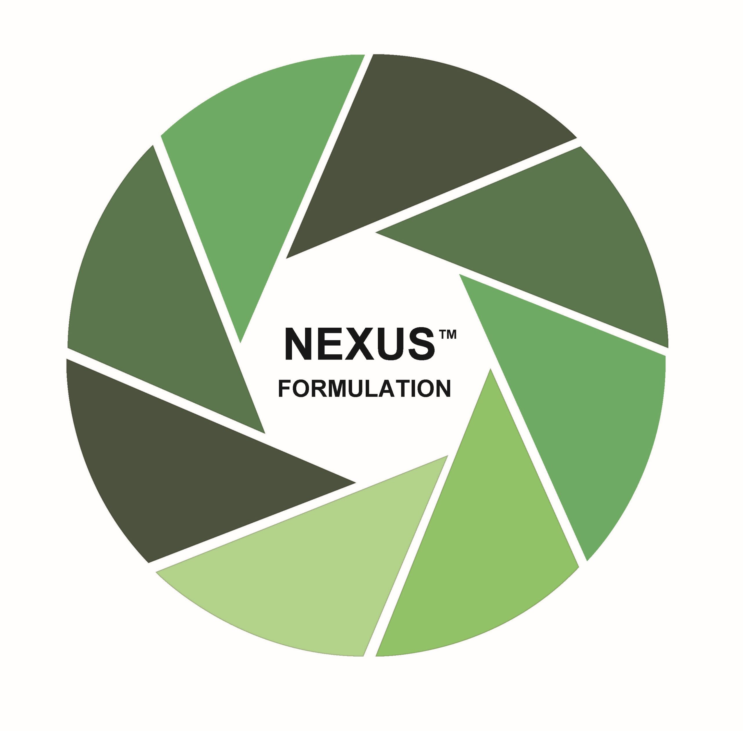 A circular logo with seven green segments resembling a camera shutter. The text "NEXUS™ FORMULATION" is centered inside the circle.