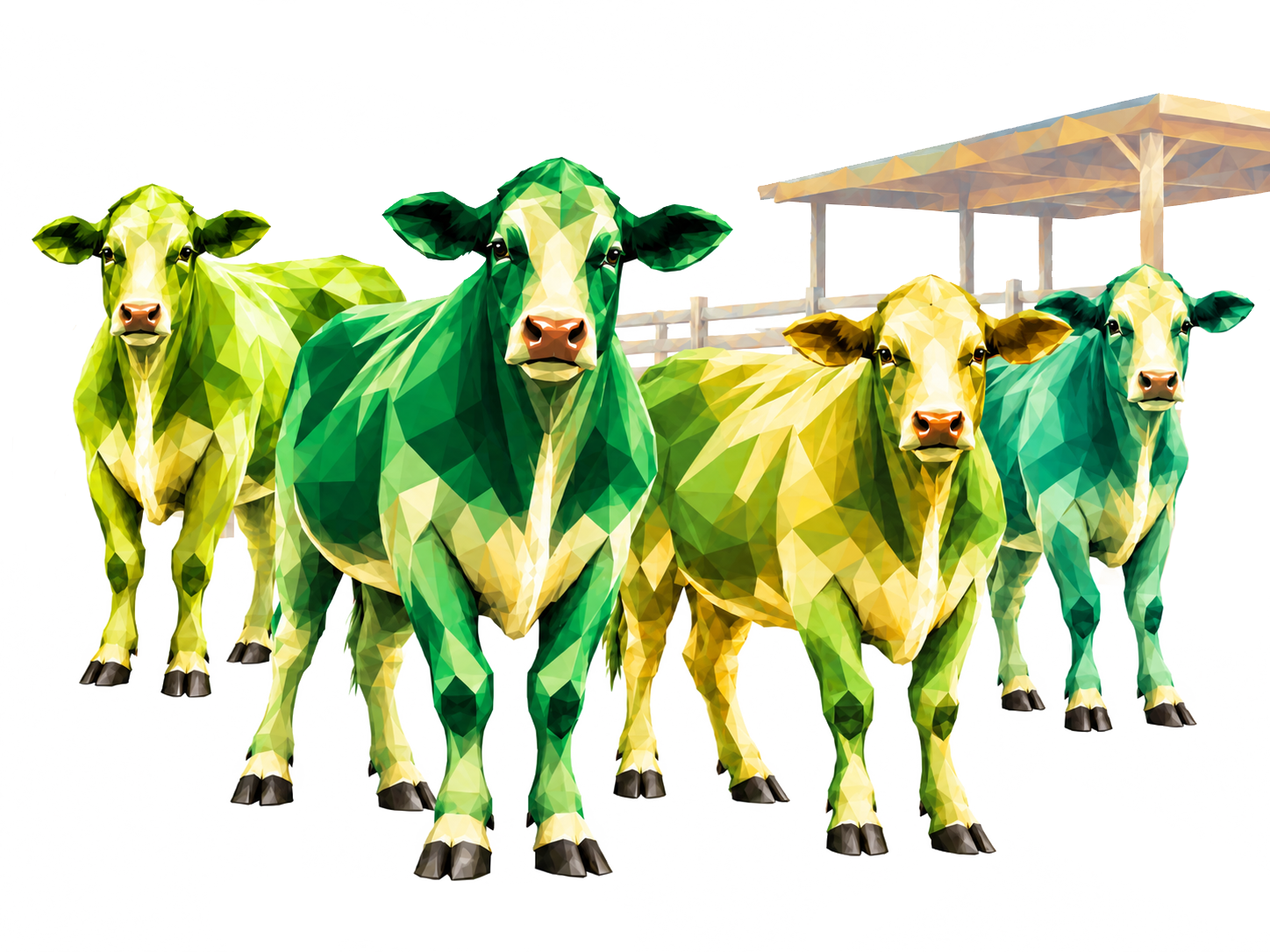 Four cows with a geometric, polygonal design in green and yellow hues stand in front of a wooden shelter and a fence, on a white background.