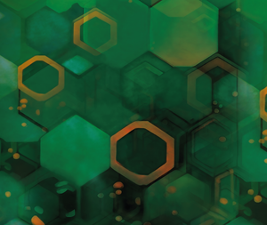 Abstract image with overlapping green hexagons and golden-orange outlined hexagons, creating a layered, geometric pattern with a slightly blurry effect.