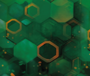 Abstract image with layered hexagons and octagons in shades of green, with some shapes outlined in orange. The background is textured and smoky, creating a sense of depth and complexity.