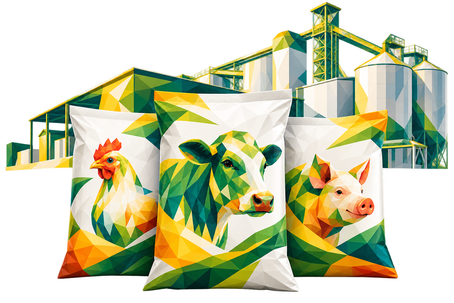 Three colorful geometric feed bags featuring a chicken, a cow, and a pig are in front of a stylized illustration of a large feed mill with silos and industrial structures in yellow, green, and white tones.
