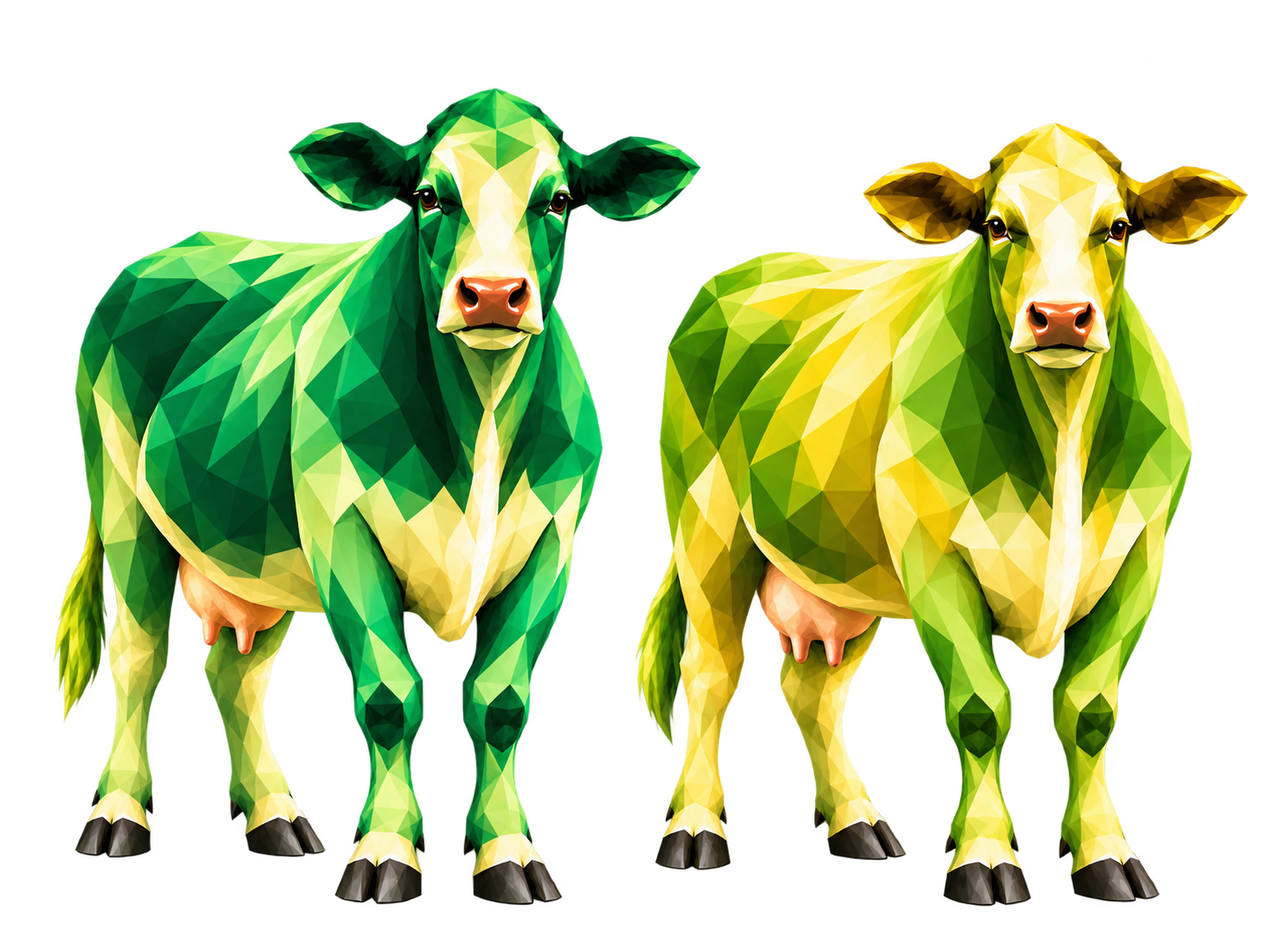 Two cows illustrated in a geometric, polygonal style. One cow is mostly green with shades of teal and white, while the other is yellow with lighter green highlights. Both stand facing forward on a white background.